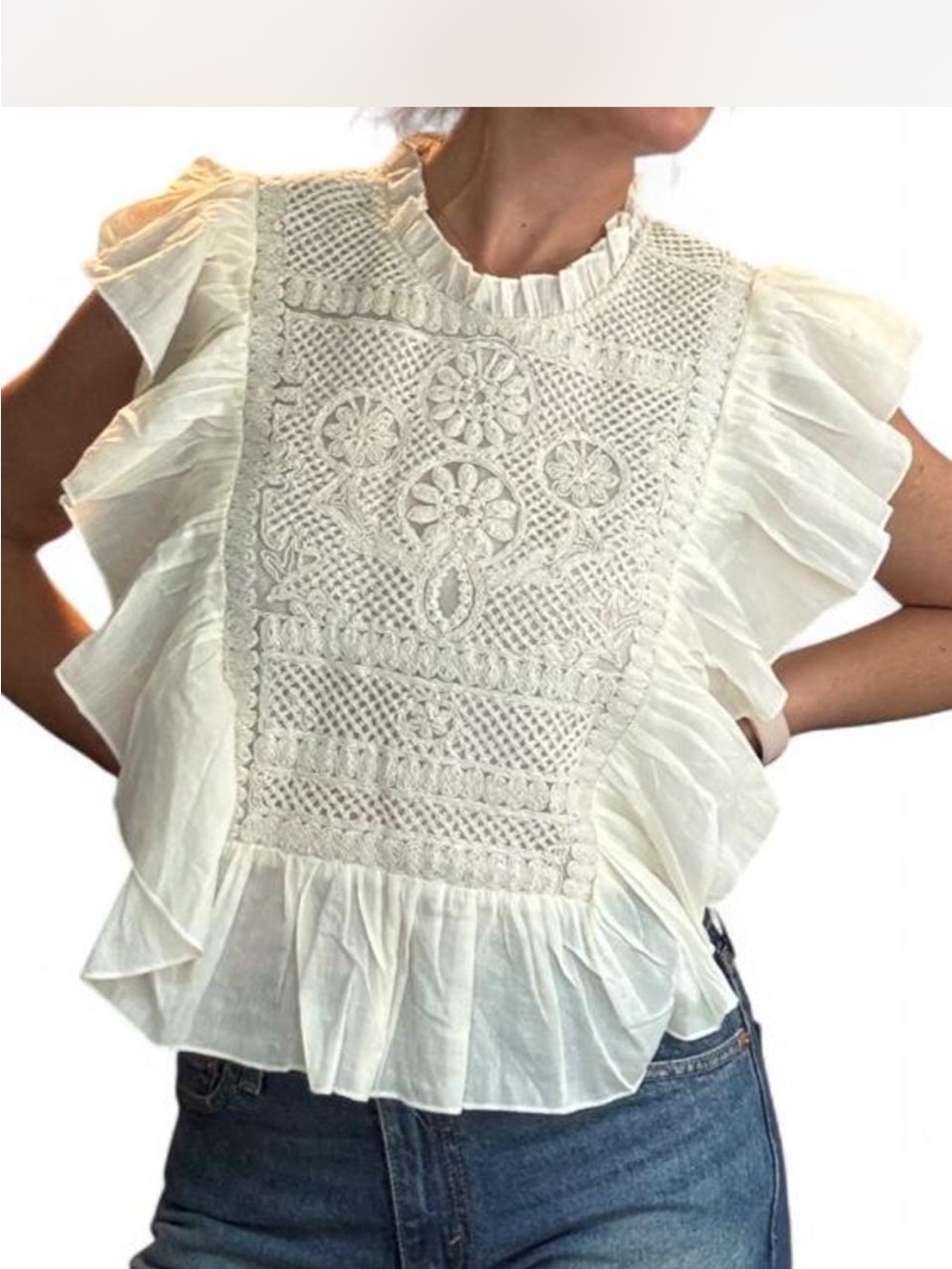 Cream smocked blouse with embroidery